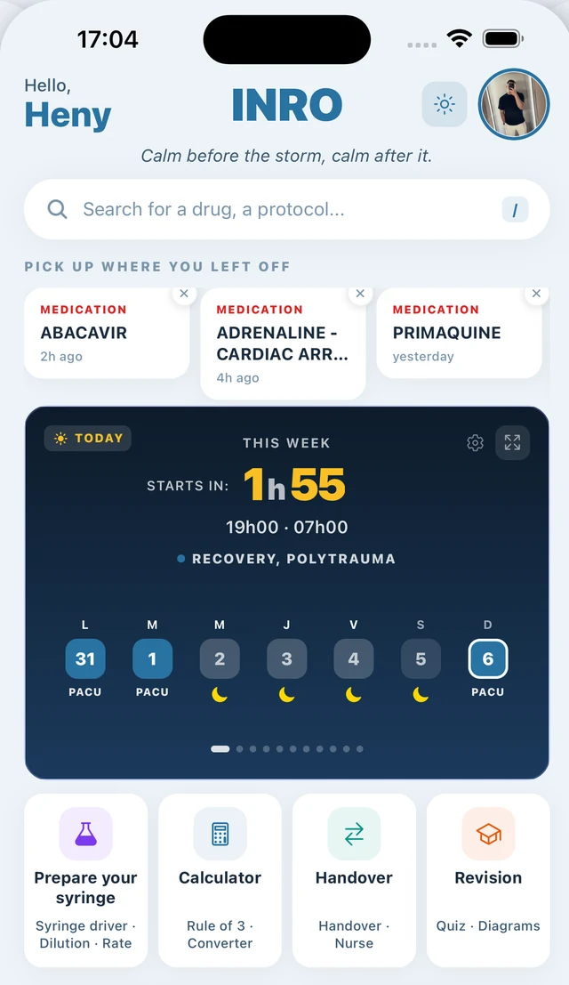 INRO nursing app home screen showing the number of medications, protocols and lab reference values available offline