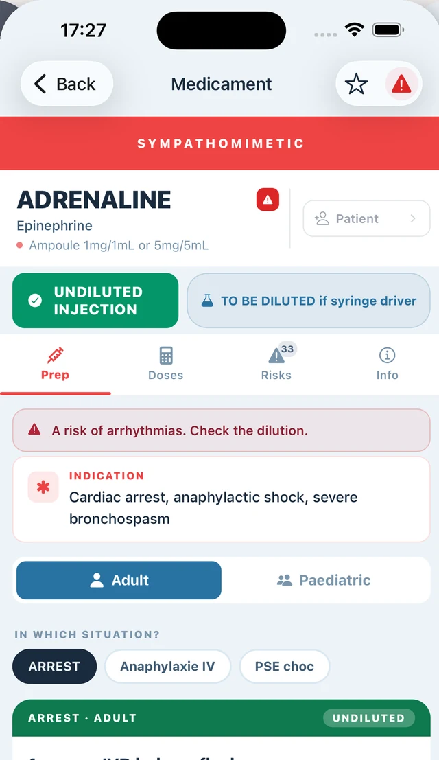 Adrenaline drug monograph in INRO with dilution, indications and arrhythmia risk warning